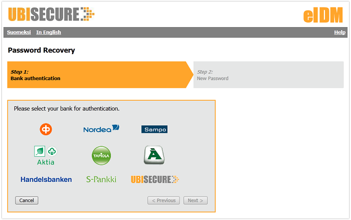 Password recovery using online bank authentication, Step 1: Bank selection